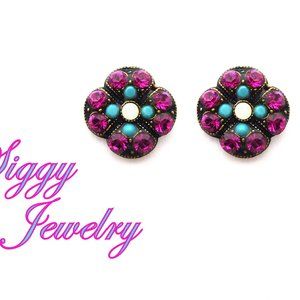 Swarovski Crystal Four Leaf Clover Cluster Stud Earrings, Fuchsia and Turquoise
